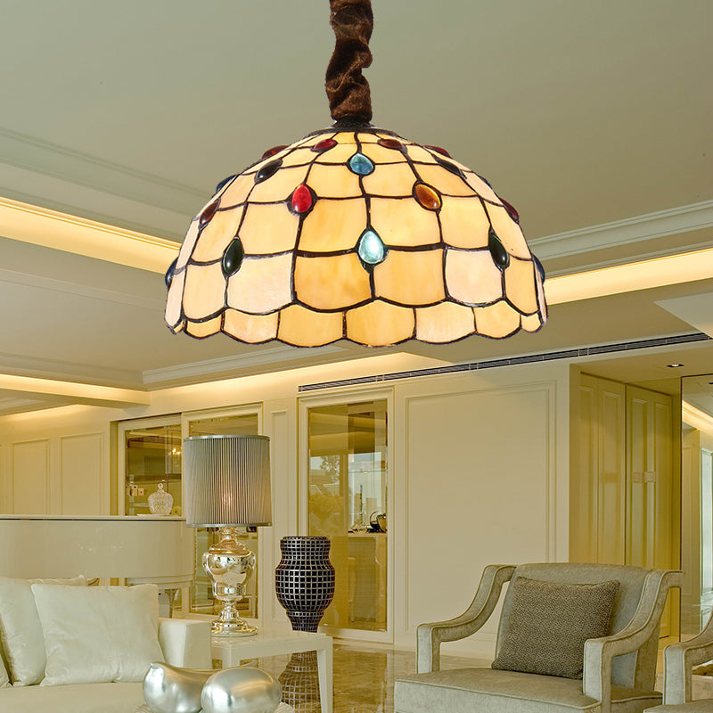 Tiffany Stained Glass Hanging Lamp - 12’ Or 16’ Wide Bowl 1 Bulb Beige Color Colorful Bead Accents /