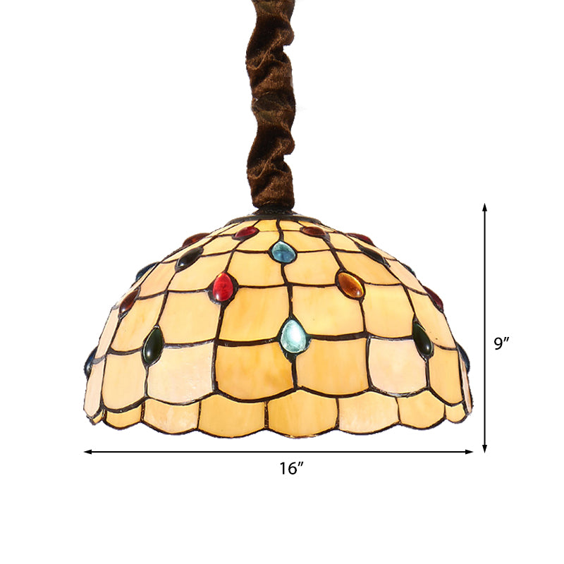 Tiffany Stained Glass Hanging Lamp - 12’ Or 16’ Wide Bowl 1 Bulb Beige Color Colorful Bead Accents