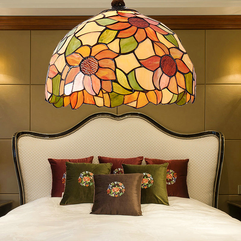Victorian Orange Stained Glass Sunflower Pendant Lamp 1 Head Down Lighting 12’/16’ Wide / 12’