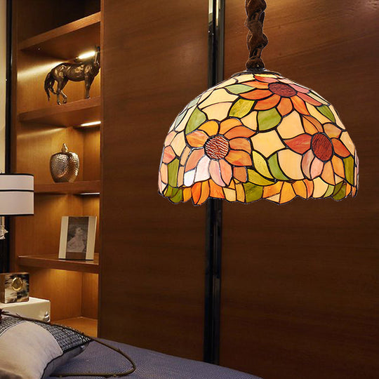 Victorian Orange Stained Glass Sunflower Pendant Lamp 1 Head Down Lighting 12’/16’ Wide