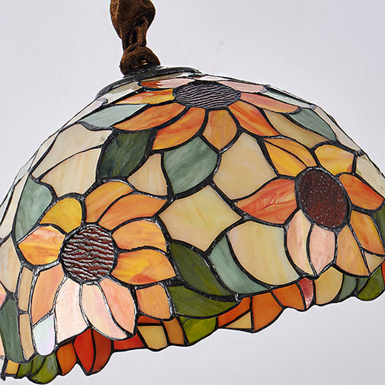 Victorian Orange Stained Glass Sunflower Pendant Lamp 1 Head Down Lighting 12’/16’ Wide