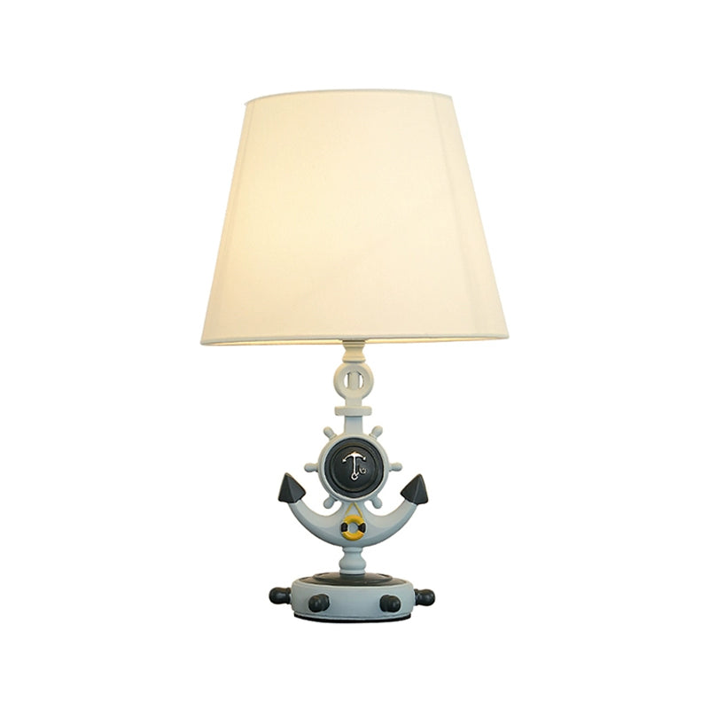 Nautical Cone Table Lamp: 1-Light Fabric Study Room Night Lighting Anchor Base & Rudder Pedestal