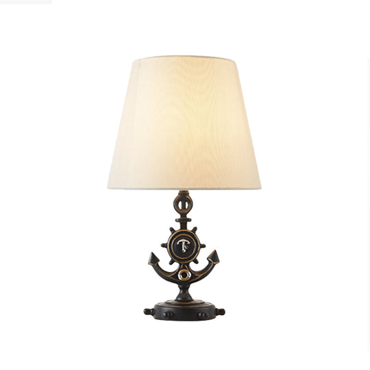 Nautical Cone Table Lamp: 1-Light Fabric Study Room Night Lighting Anchor Base & Rudder Pedestal