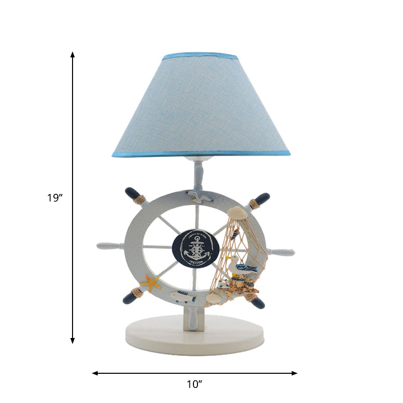 Blue Cartoon Cone Table Light: 1-Bulb Fabric Nightstand Lighting With Wooden Rudder Base
