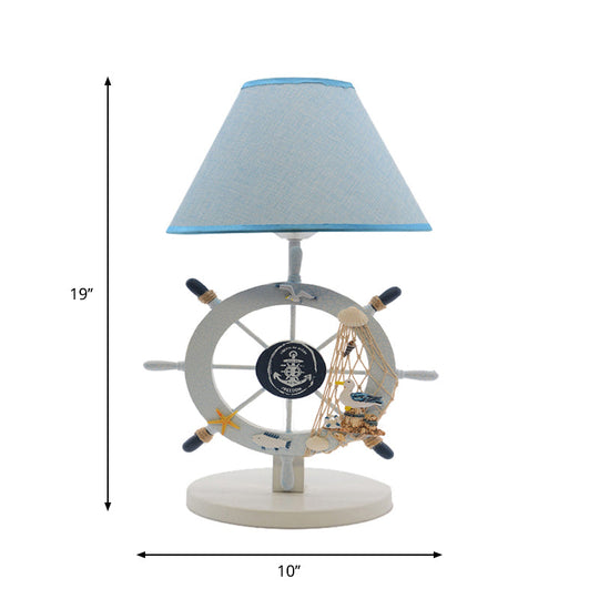 Blue Cartoon Cone Table Light: 1-Bulb Fabric Nightstand Lighting With Wooden Rudder Base