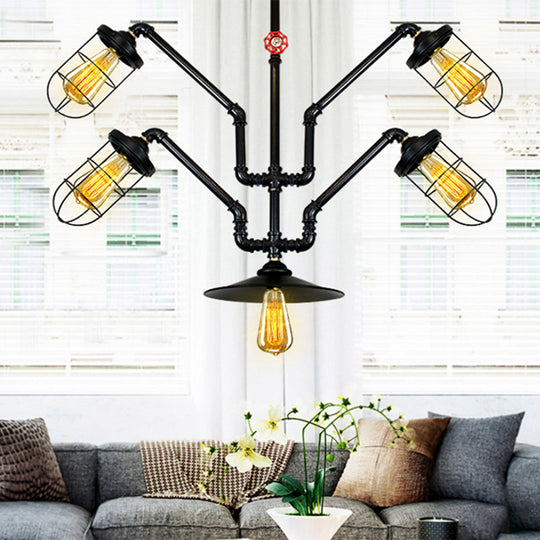 Industrial Style Chandelier Lamp: 5-Light Wire Cage Suspension With Water Pipe – Ideal For Dining