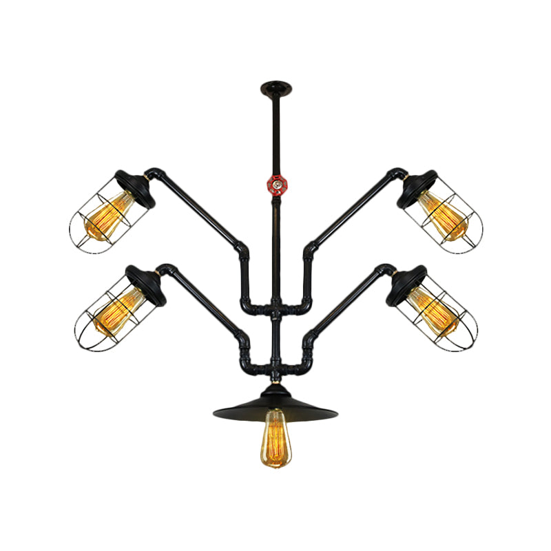 Industrial Style Chandelier Lamp: 5-Light Wire Cage Suspension With Water Pipe – Ideal For Dining