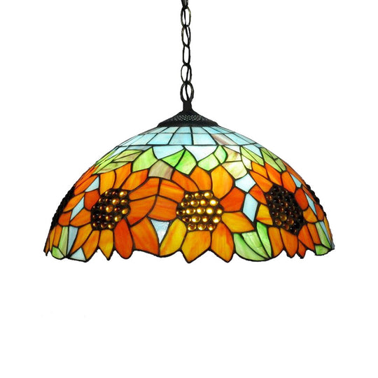 Traditional Pendant Light Fixture With Orange Stained Glass Shade