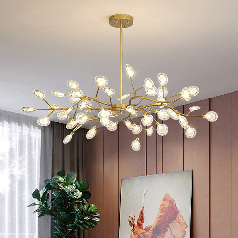 Modern Gold Finish Chandelier With Branch Arm Pendant - Multi-Light Metal Ceiling Fixture