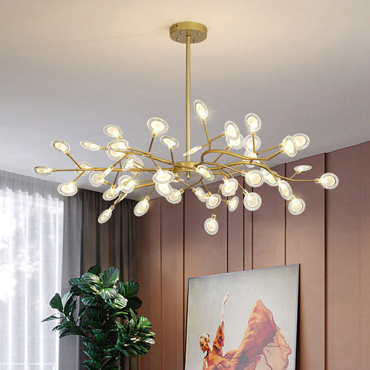 Modern Gold Finish Chandelier With Branch Arm Pendant - Multi-Light Metal Ceiling Fixture