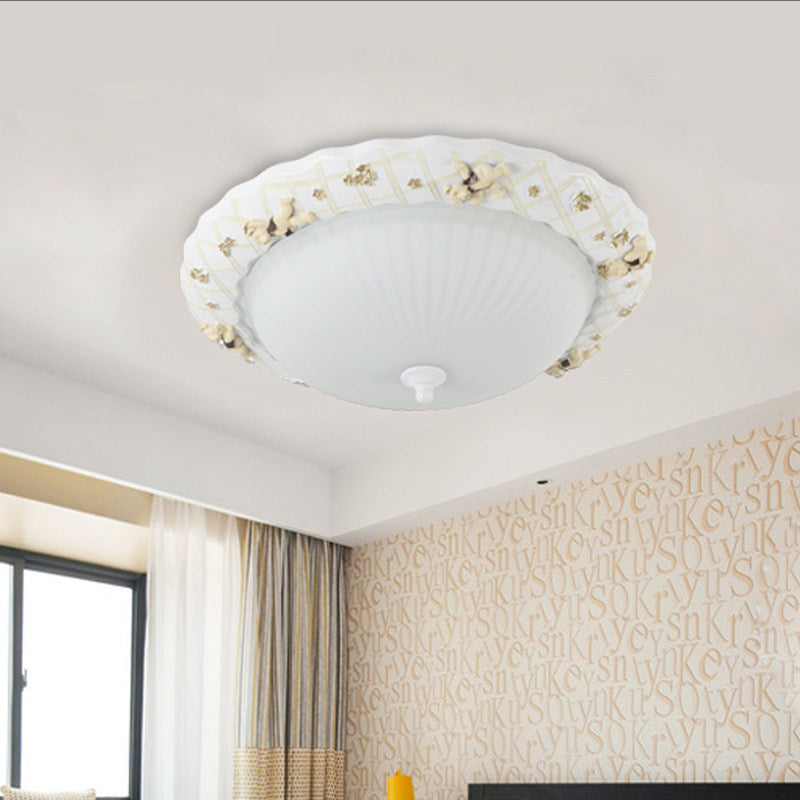 Kids Bear Flush Mount Ceiling Light For Baby Bedroom - White Fluted Glass Lamp