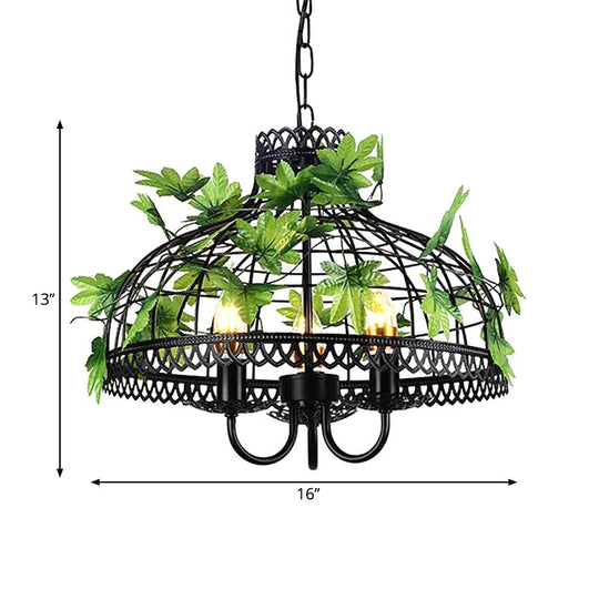 4-Head Plant Pendant Chandelier With Basket/Bowl Iron Cage - Black Ideal For Rural Restaurants