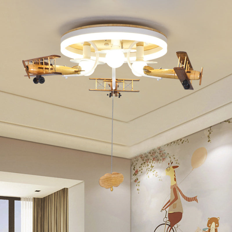 Kids’ Yellow Cloud & Plane 3 - Light Wood Ceiling Flushmount With Pull Chain