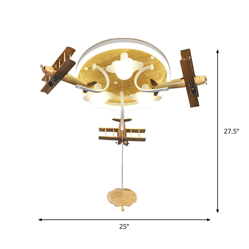 Kids’ Yellow Cloud & Plane 3 - Light Wood Ceiling Flushmount With Pull Chain