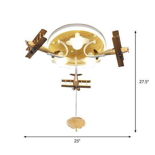 Kids’ Yellow Cloud & Plane 3 - Light Wood Ceiling Flushmount With Pull Chain