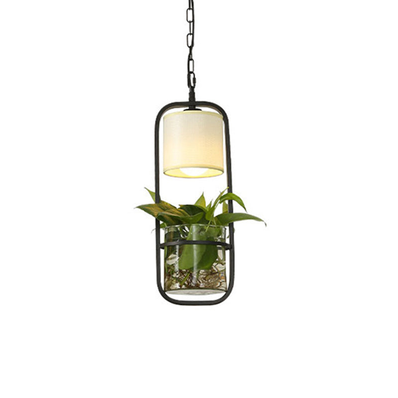 Cylinder Led Pendant Light Fixture In Rustic Black/White/Gold With Warm/White And Plant Cup