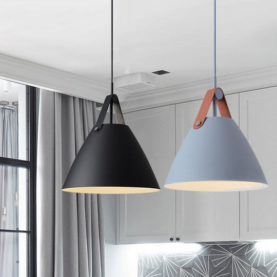 Nordic Metal Truncated Cone Pendant With Leather Strap - 1-Light Suspension Lighting (10.5/14 W)