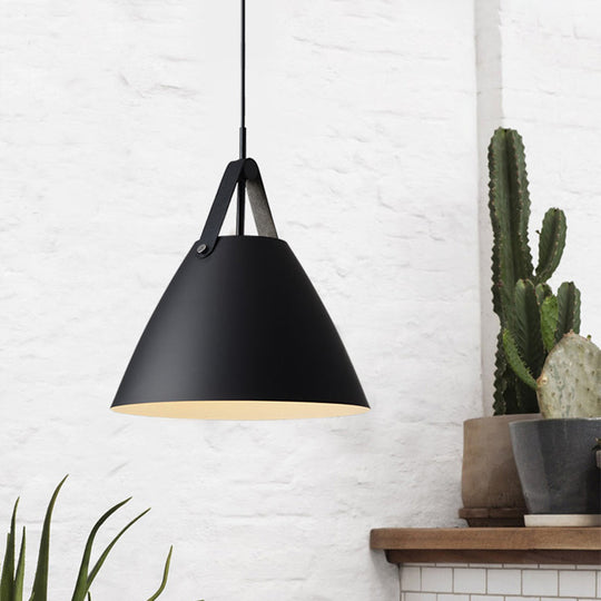 Nordic Metal Truncated Cone Pendant With Leather Strap - 1-Light Suspension Lighting (10.5/14 W)
