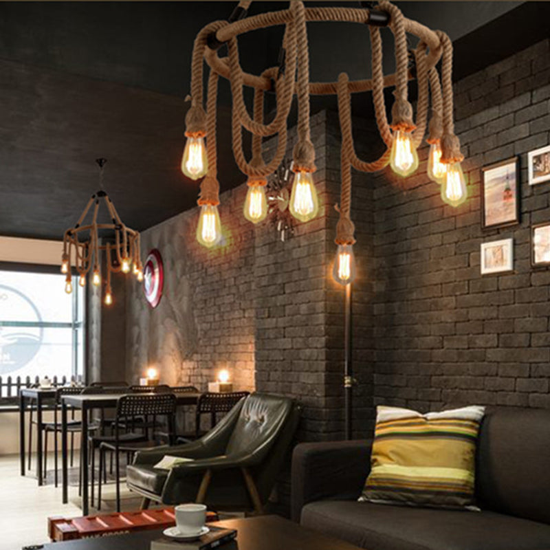 Brown Circle Ceiling Suspension Lamp - Lodge Style 6/8 Lights Restaurant Chandelier With Naked Bulb