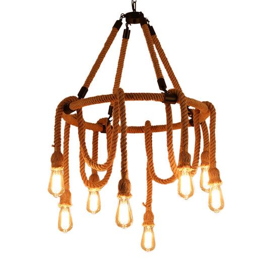 Brown Circle Ceiling Suspension Lamp - Lodge Style 6/8 Lights Restaurant Chandelier With Naked Bulb