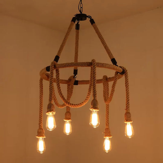 Brown Circle Ceiling Suspension Lamp - Lodge Style 6/8 Lights Restaurant Chandelier With Naked Bulb