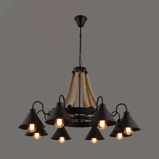 Loft Style Rope Chandelier With Cone Metal Shade - Brown Pendant Light 6/8 Heads