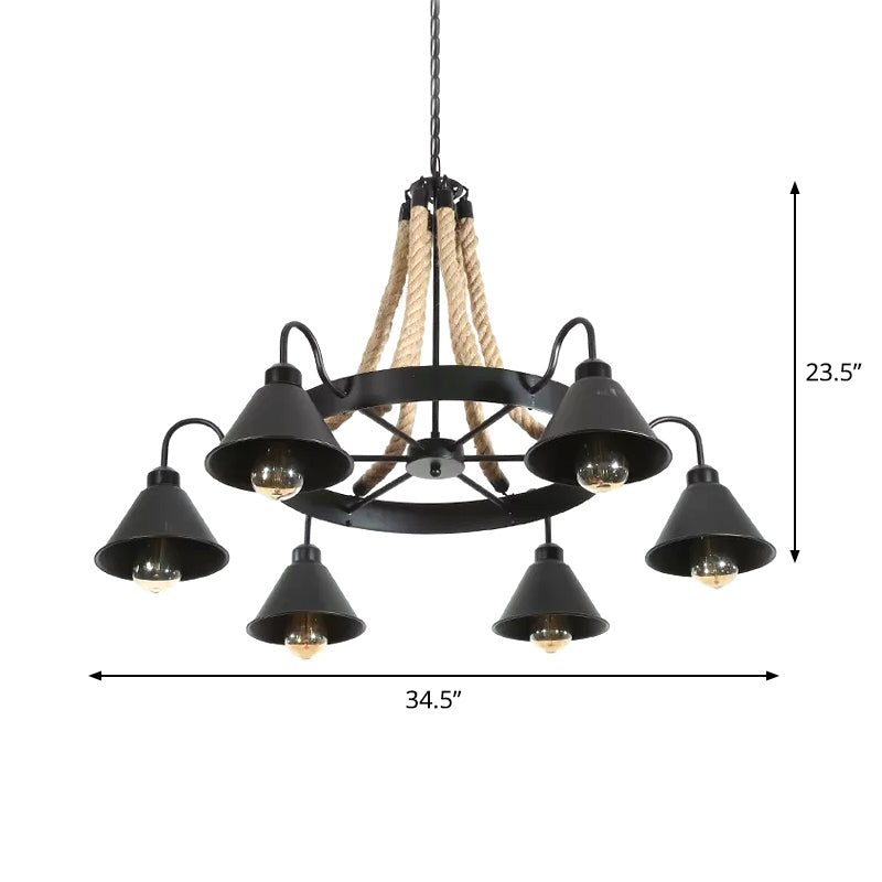 Loft Style Rope Chandelier With Cone Metal Shade - Brown Pendant Light 6/8 Heads