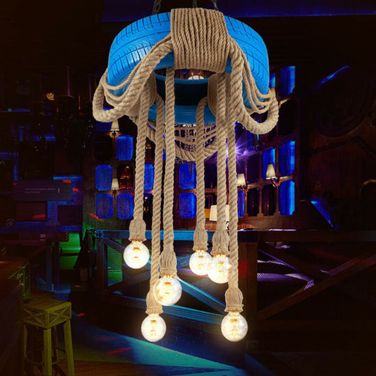 Rubber Warehouse 6-Head Tire Lamp With Hemp Rope - Red/Blue/Yellow Chandelier Pendant For Dining