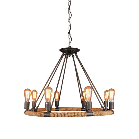 Rope-Wrapped Circle Pendant Light With Multiple Bulbs In Black And Brown