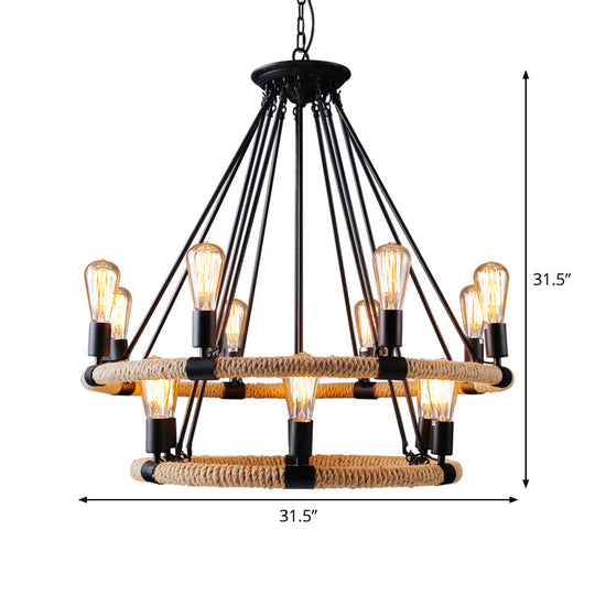 Rope-Wrapped Circle Pendant Light With Multiple Bulbs In Black And Brown