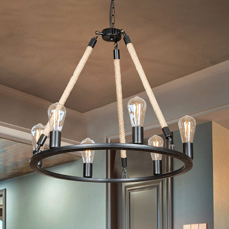 Loft Style Iron Chandelier With 6 Bare Bulb Heads And Rope Cord