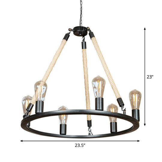 Loft Style Iron Chandelier With 6 Bare Bulb Heads And Rope Cord
