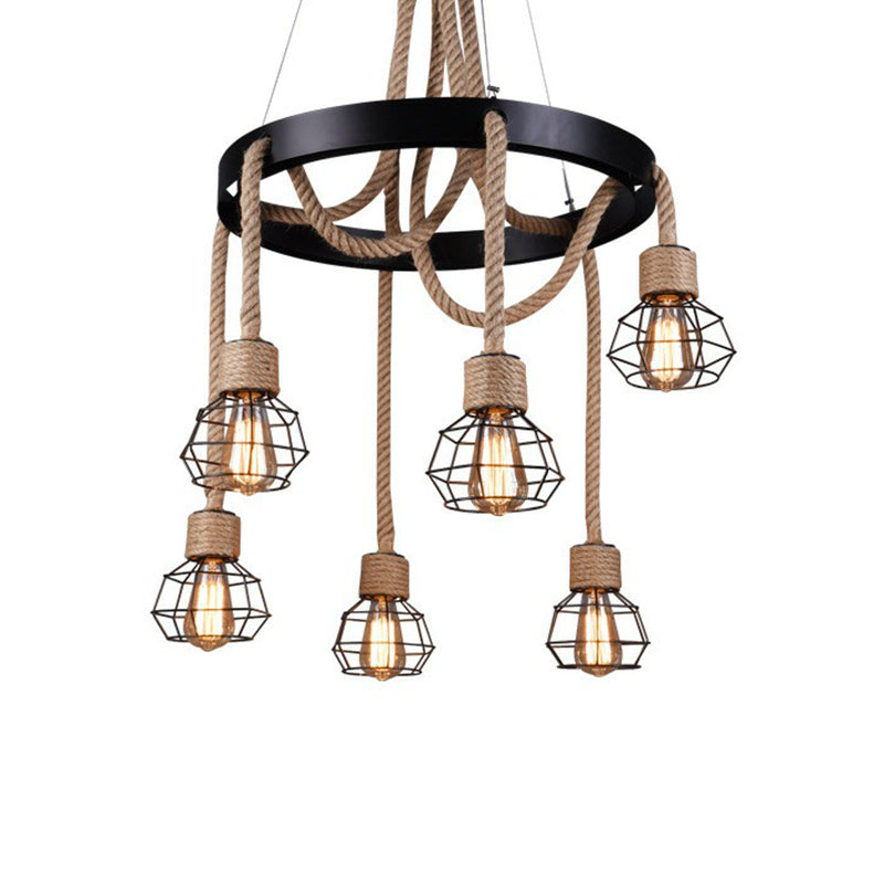 Rustic Hemp Rope Chandelier: Caged Sitting Room Pendant 6-Light Circular Suspension Brown