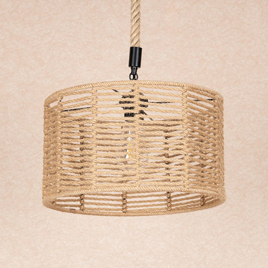 Rustic Natural Rope Drum Pendant Ceiling Lamp With 1 Bulb - Brown Finish | Perfect For Restaurants