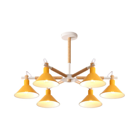 Horn Shape Hanging Pendant Chandelier With Wood And Metal Accents - 6 Bulbs Macaroon-Inspired Ideal