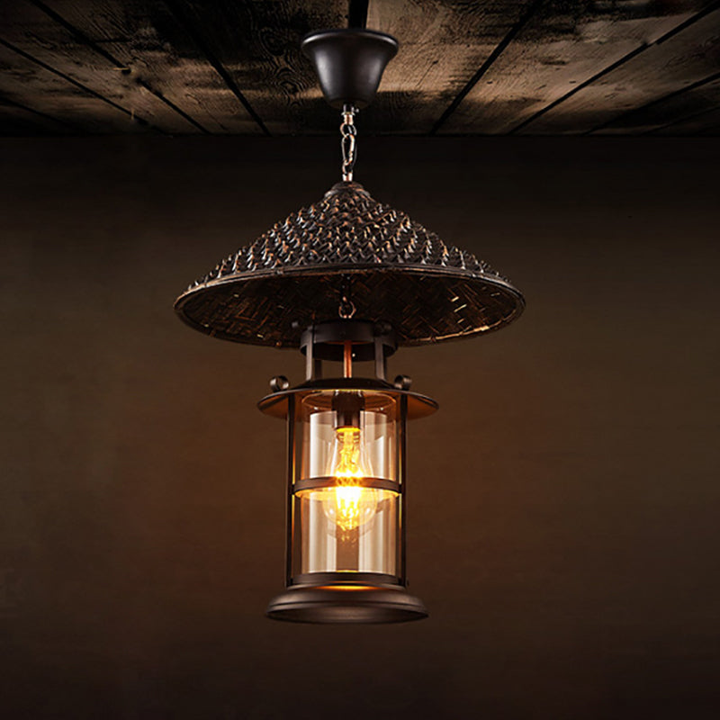 Rustic Black Hanging Pendant Light With Transparent Glass Cylinder And Pointy Hat Decoration Single