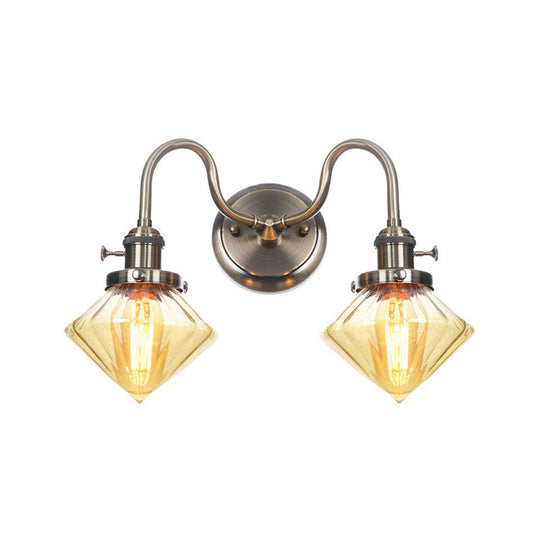 Amber/Clear Glass Wall Light With Undulated Arm In Bronze - Factory 2 Bulbs Living Room Mounted
