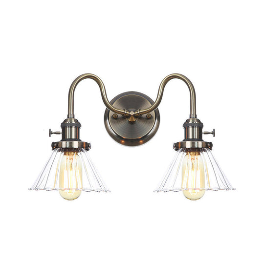 Amber/Clear Glass Wall Light With Undulated Arm In Bronze - Factory 2 Bulbs Living Room Mounted