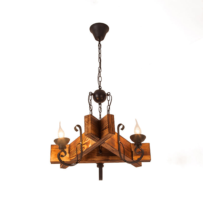 Nautical Wooden Hanging Light Fixture-Chandelier In Brown Triangular/Square Design 3/4/6-Head