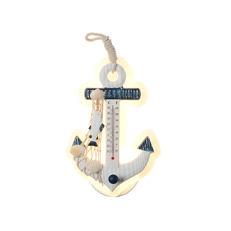 White Resin Led Anchor Wall Sconce For Kids With Fishing Net Deco
