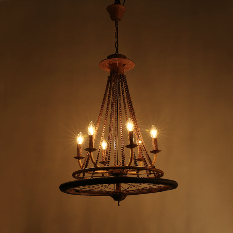 Rustic Wrought Iron Wheel Chandelier - Farmhouse Style Indoor Ceiling Lamp With 6 Lights Candle And