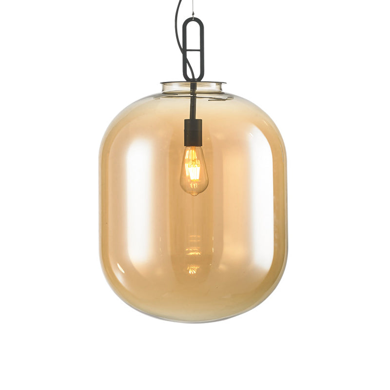 Modern Black Ovale Ceiling Pendant Light Fixture - 1 Bulb Smoke Grey/Amber Glass Sizes 9.5/14/17