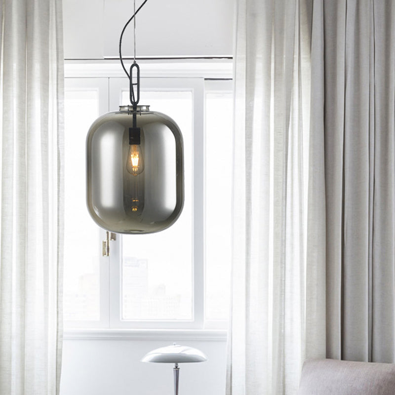 Modern Black Ovale Ceiling Pendant Light Fixture - 1 Bulb Smoke Grey/Amber Glass Sizes 9.5/14/17