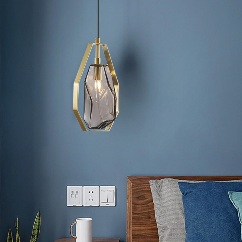 Modernist Glass Pendant Lamp With Brass Heptagon Frame - Gem Amber/Smoke Grey 1 Light