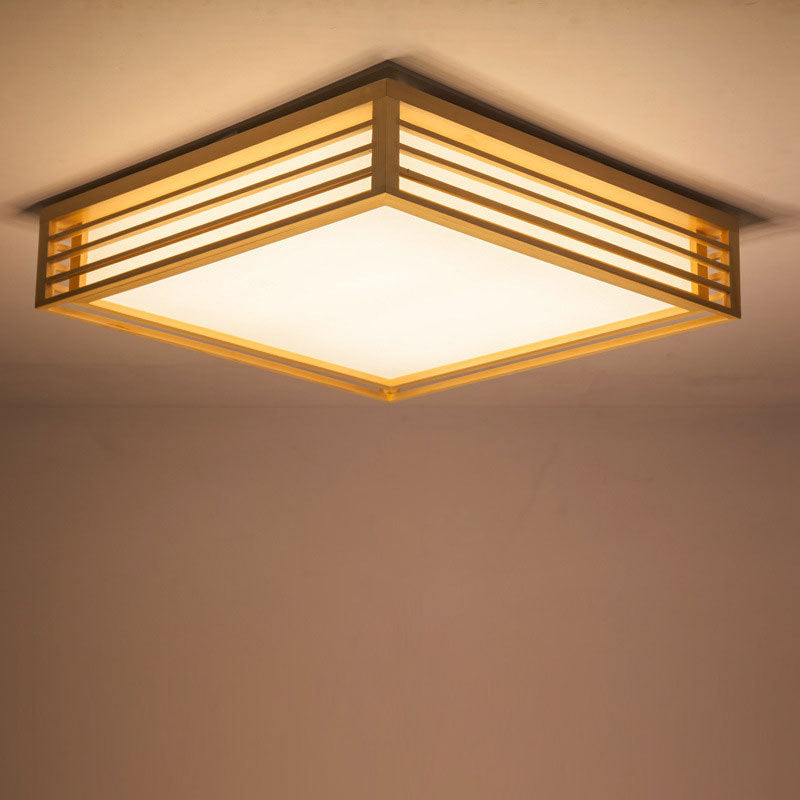 Square Acrylic Flush Ceiling Light - Asian Beige Led Fixture In Warm/White With Wood Frame