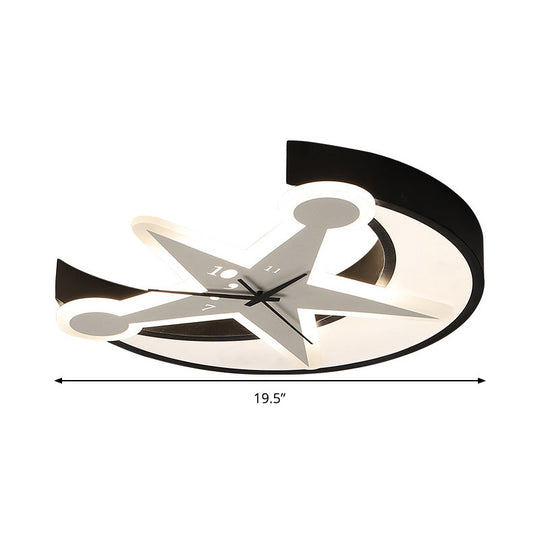 Modern Black Acrylic Clock Flush Ceiling Light With Moon & Star Led For Dining Room