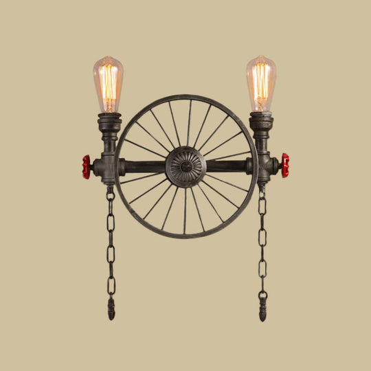 Wrought Iron Bistro Wall Light With Decorative Wheel And Chain In Silver/Bronze - 2/4-Light Loft