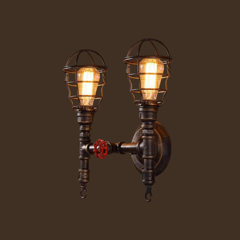 Industrial Style Wall Mounted Lighting With Wire Cage And Bronze Finish - Set Of 2 Bulbs
