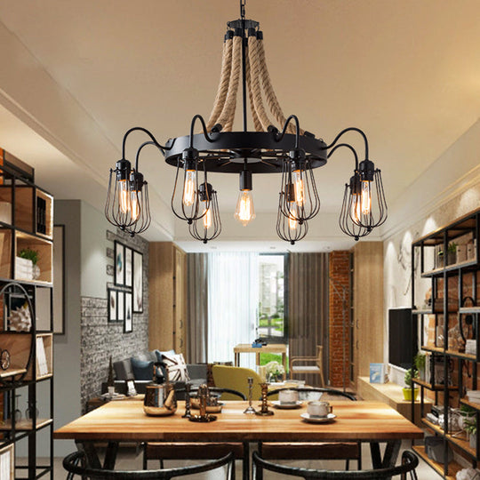 Farm Style Wheel Design Rope Chandelier With Bulb Cage - Black Metallic Pendant Light Fixture (9/13