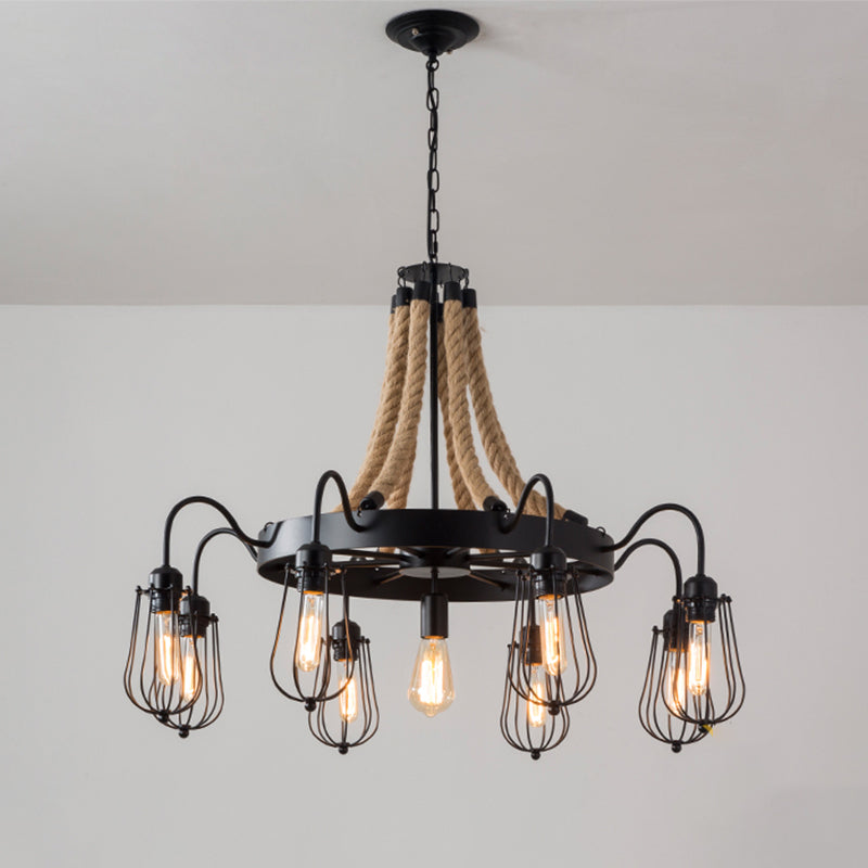 Farm Style Wheel Design Rope Chandelier With Bulb Cage - Black Metallic Pendant Light Fixture (9/13